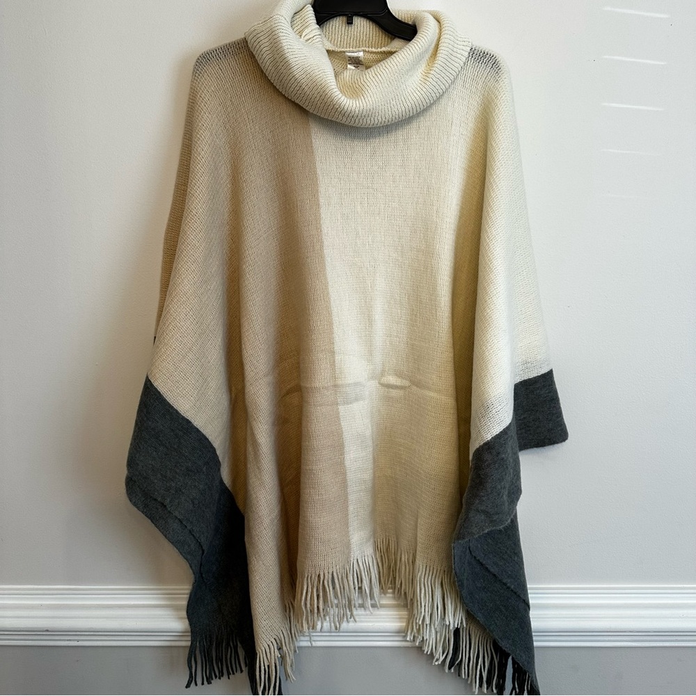 Ivory Cowl Neck Poncho with Fringe